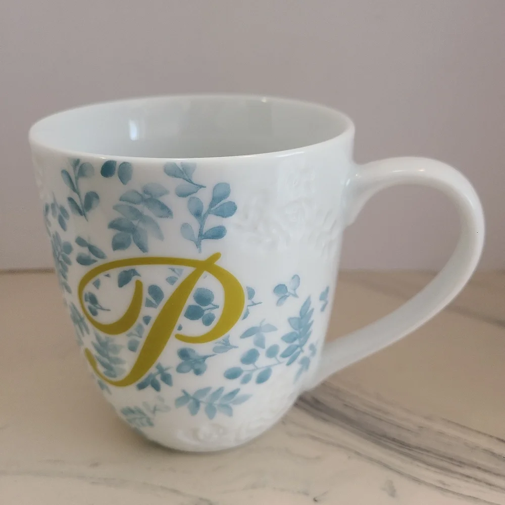 Pier 1 Imports Floral Embossed White Blue Monogram Letter P Coffee Tea Mug